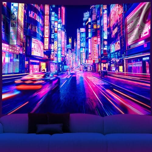 NYZE City Blacklight Tapestry, Japanese Anime Tapestry Punk Game Fantasy Night View Cityscape Futuristic Neon Art Wall Hanging Tapestries for Bedroom Decor 59x51in
