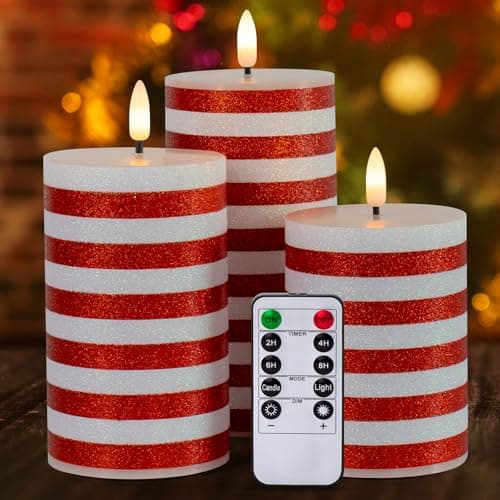 Yongmao Christmas Red Stripe Flameless Candles with Timer, Real Wax Flickering LED Battery Operated Pillar Candles, Christmas Home Decorations, Set of 3 (3"x4" 5" 6")