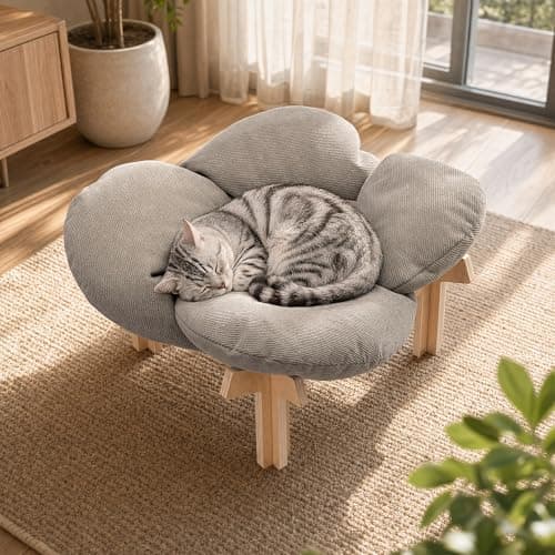 JUNSPOW Elevated Cat Bed with Wooden Stand, Holds Up to 40lbs with Ease