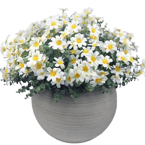 hugsbaaf 16 Bundles UV Resistant Artificial Daisy Flowers Fake Eucalyptus Plant Greenery for Indoor Outdoor Shrubbery Pot Home Table Centerpieces (White)