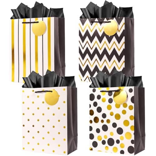 ZJHiome 9 Inch Gold Gift Bags With Handles Tissue Paper and Gift Tag, 4 Pack Reusable Paper Bags Bulk for Men,Women Birthdays,Valentine's Day,Mother's Day,Christmas,Weddings,Party Supplies