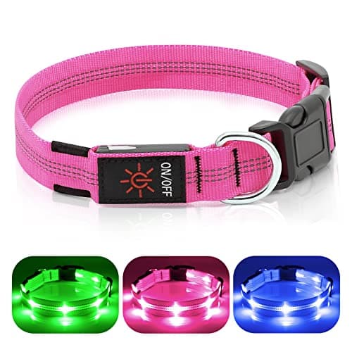 Weesiber Light Up Dog Collars - Rechargeable LED Collar - Reflective Adjustable Dog Lights for Night Walking (Pink, Small)