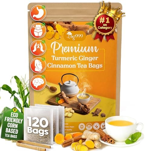 120 Bags Premium Turmeric Ginger Cinnamon Tea, Improve Digestion, Support Brain, Weight, Skin and Sleep, Eco-Conscious Tea Bags and Premium Natural Ingredients. Turmeric Ginger Herbal Tea. No Sugar, No Caffeine, No Gluten, Vegan.