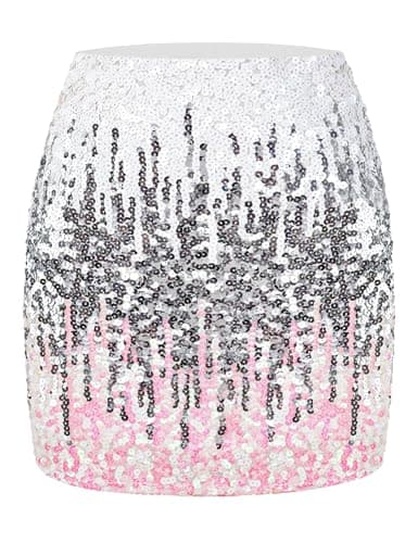 MANER Women's Sequin Skirt Sparkle Stretchy Bodycon Mini Skirts Night Out Party(X-Small,White/Silver/Iridescent)