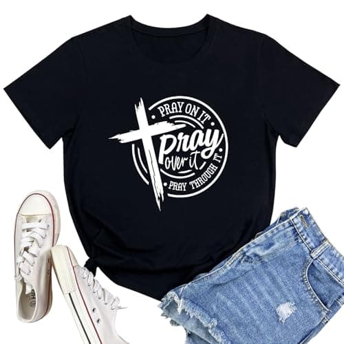 LOOKFACE Womens Pray Graphic Tees Cute Tops Black Small