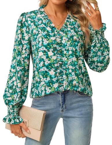 GRACE KARIN Womens Long Sleeve Boho Tops Ruffle Work Blouses Green S