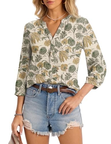 LOMON Women's Tops Trendy 3/4 Sleeve Shirts Henley V Neck Tunic Button Down Blouses Pleated Tee, XXL