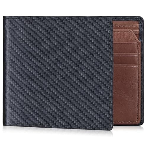 VISOUL Mens Carbon Fiber Leather Wallets Bifold with RFID Blocking, Designer Billfold Wallet with 1 ID window for Men (Black+Brown)