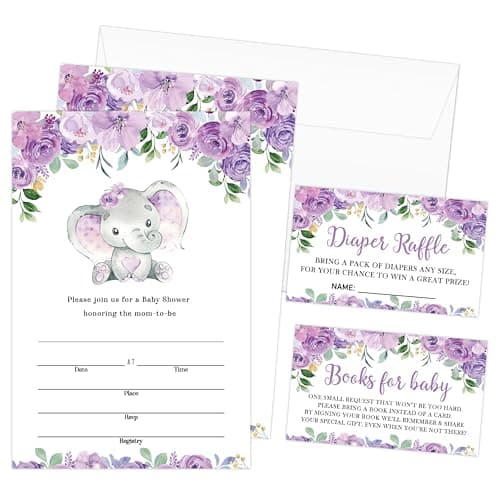 Qssfdgg Purple Elephant Baby Shower Invitations, Purple Floral Invitations With Envelpoes, Diaper Raffle Tickets & Book Request Cards, Baby Shower Invitation Gender Neutral for Boys Girls -05