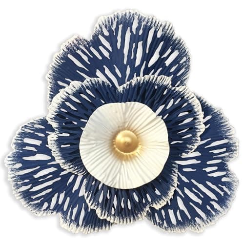 Metal Flower Wall Art Decor, 10" Blue White Layered Floral Sculpture