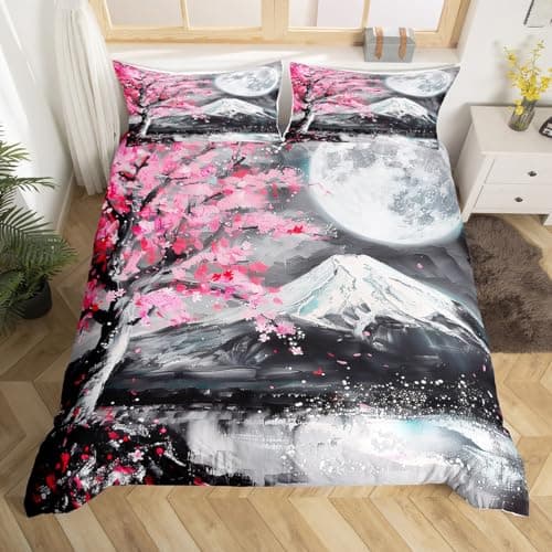 Japanese Ukiyoe Duvet Cover Set Full Size Fuji Mountain Scenery Comforter Cover for Women Teens Men Home Room Decor Pink Cherry Blossoms Tree Bedding Set Retro Oil Painting Art Quilt Cover 3pcs