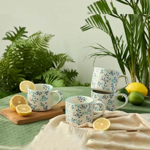 Artisanal Handcrafted Ceramic Coffee Mug - 12oz White Ceramic Tea Cup with Intricate Blue Purple Floral Design, Comfort Handle, Dishwasher Safe Traditional Mug for Home & Office Use-4Pack