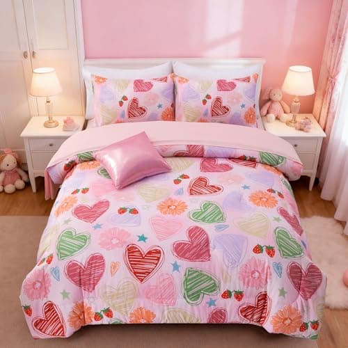A Nice Night 6 Piece Comforter Set Bed in a Bag with Comforter & Sheet Set,Watercolor Pink Hearts Pattern Flower Strawberries Printed Bedding Sets Kids Girls,Full