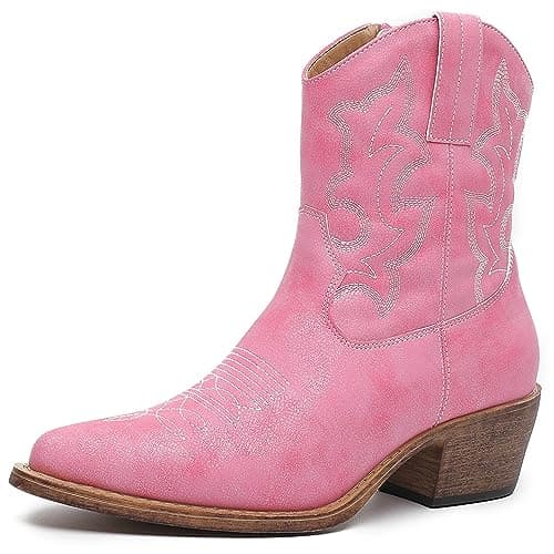 GLOBALWIN Women's Pink Cowgirl Boots Short Cowboy Boots For Women Western Boots With Embroidery Side Zipper Chunky Heel Size 8.5M
