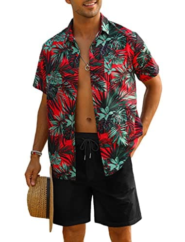 EISHOPEER Men's Beach Outfits Sets Flower Shirt Hawaiian Sets Beach Wear Red & Leaves Small
