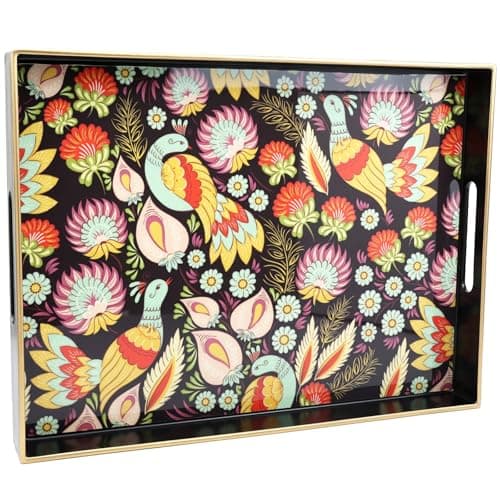 Spsyrine Decorative Serving Tray with Handles, Black Lacquered Coffee Table Tray for Ottoman, Rectangle Waterproof Platters for Centerpieces, Parties, Living Room, Kitchen Counter Organization Peacock