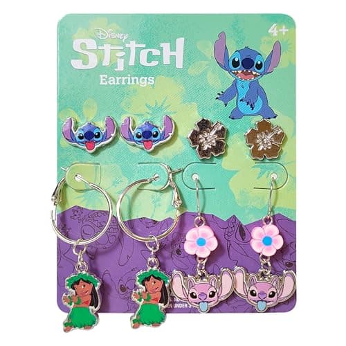 LUV HER Stitch Gifts 4 Hypoallergenic Earring for Girls 2 Stud Earrings 2 Fishhook Drop Fun Sets with Charms - One Size Fits All Jewelry Gifts For girls Ages Kids 4+