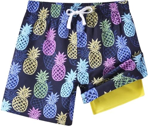 ZenGents Boys Swim Trunks Swim Shorts with Compression Liner Neon Pineapple Kids Swimming Trunks Boxer Brief 2 in 1 Bathing Suit 6T 7T