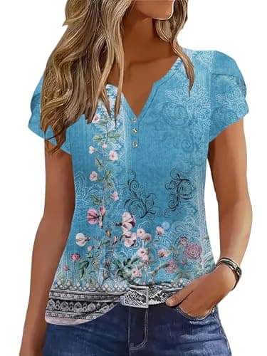ETCYY Womens Tops 2026 Trendy Summer Ladies Tops Petal Short Sleeve T Shirts Trendy Striped Tunic V Neck Dressy Casual Blouse,Floral Blue,X-Large