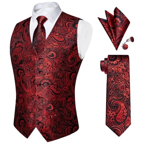 DiBanGu Mens Paisley Suit Vest Black Red Silk Sleeveless Vest and Necktie Pocket Square Cufflinks for Wedding Formal