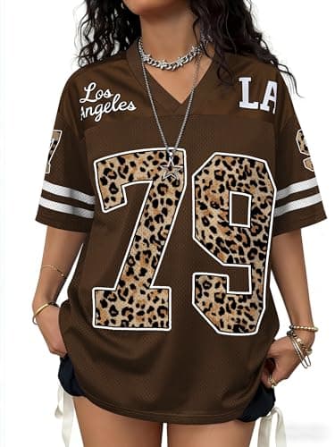 Plameil Women Y2K Tops Oversized Jersey Shirts Mens Graphic Number T-Shirts Streetwear Football (Brown Leopard, XL)