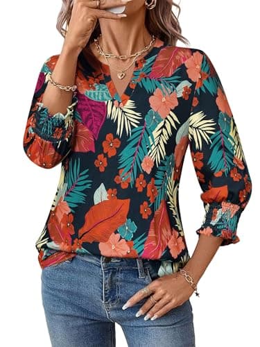 Dresswel Print Tops for Womens Trendy 3/4 Length Sleeve Blouses Tops Navy