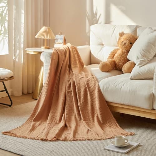 Yoenillo Cotton Muslin Throw Blanket with Tassels, Lightweight Woven Gauze, Pre-Washed Breathable Farmhouse Decor for Bed, Couch, All-Season Use (Tan, 50" x 60")