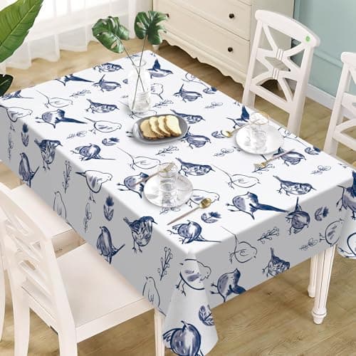 Livcoz Blue White Birds Rectangle Tablecloth 60 x 84 Inches, Plant Floral Leaves Botanical Decorative Dining Table Cloth, Farmhouse Dinner Tablecover Picnic Party Decoration