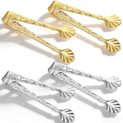 4 PCS Gold Sugar Cube Tongs for Candy, Ice Cube Tong Stainless Steel with Rose Relief Handle, Vintage Small Serving Food Clips for Tea Coffee Party Bar Appetizers Desserts Kitchen