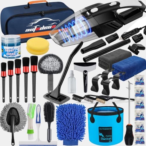 AUTODECO 41Pcs Car Cleaning Kit, Interior Detailing Kit with High Power Handheld Vacuum, Detailing Brush Set, Windshield Tool, Snow Shovel, Blue Complete Auto Accessories for Women, Men