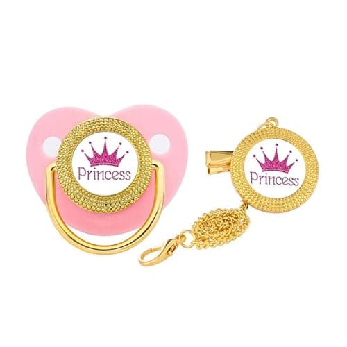 Gold BPA Free Baby Pacifier with Strong Metal Clip M(6-18m) ,Gift Box Packing No Rhinestone Pink Newborn Soother Dummy with Safe Chain Length (Pink)