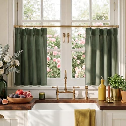 NICETOWN Pinch Pleated Linen Short Curtains Tiers 36 Inches Long for Kitchen Over Sink, 2 Panels Set Forest Green Farmhouse Light Filtering Sheer Window Covering for Cafe Bar, 26" W x 36" L