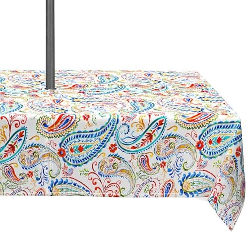 Virtumob Outdoor Tablecloth with Umbrella Hole and Zipper,Summer Rectangle Patio Table Covers for Spring/Summer, Machine Washable Outdoor Picnic Table Cloth (Paisley, 60" × 84" Rectangular)