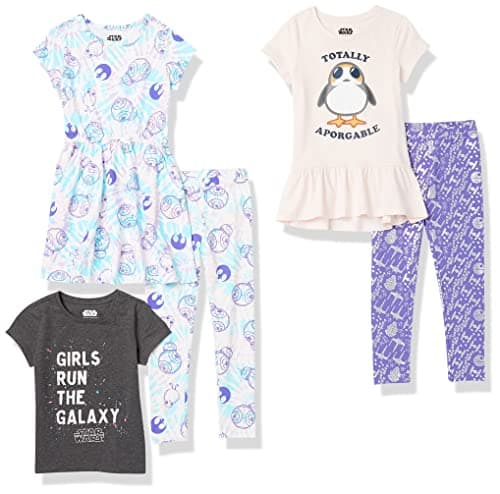 Amazon Essentials Disney | Marvel | Star Wars | Frozen | Princess Girls' Mix-and-Match Cotton Outfit Set with Ruffle, Pack of 5, Star Wars/Penguin, Large