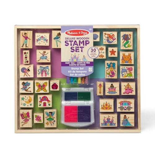 Melissa & Doug Deluxe Wooden Stamp and Coloring Set – Fairy Tale (30 Stamps, 6 Markers, 2 Durable 2-Color Stamp Pads) Fairy Tale-Themed Wooden Stamps for Kids and Coloring Activity Set