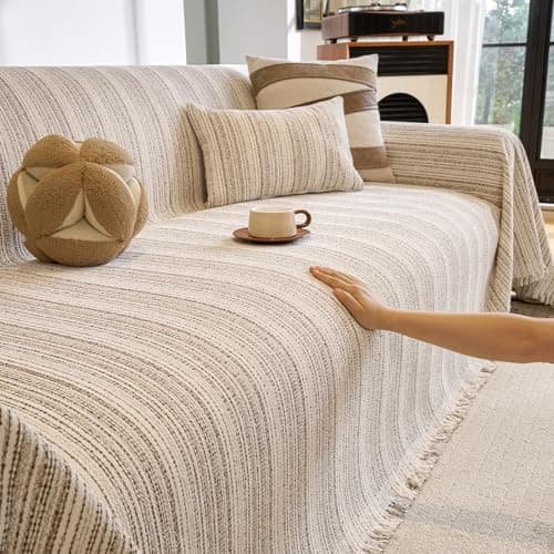ROOMLIFE Couch Cover 3 Cushion Sofa, Washable Non Slip Furniture Sofa Protector Cover, Soft Chenille Sofa Slipcovers Sectional L Shape Dogs Couch Cover Throw Blanket with Tassels 71''X118''