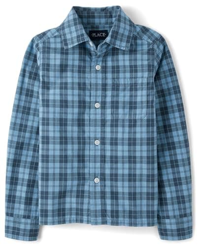 The Children's Place,Boys,Long Sleeve Button Down Shirts,Pearl Blue Plaid,Small