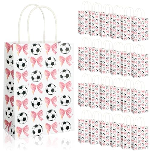 Spiareal 24 Pcs Soccer Paper Gift Bags with Handles, Pink Bow Soccer Party Favors Snack Goodies Bags Bulk for Team Sport Birthday Themed Party for Decorations, Game Celebration
