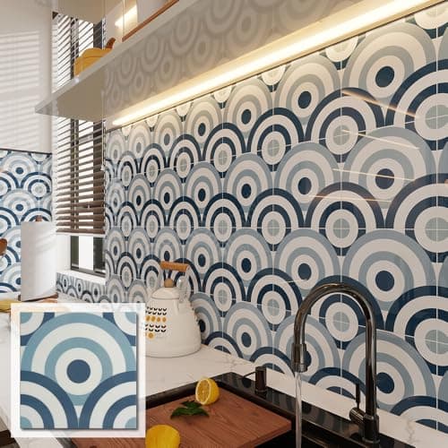COLAMO Luxury 10PCS Glossy Blue Peel and Stick Tile,Self Stick on Kitchen Backsplash for Accent Wall, Adhesive Wall Tile for Bedroom,Bathroom,RV(8”x8”,Ring Design)
