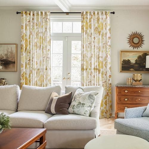 Fall Linen Curtains with Yellow Floral Patterned 84 Inches Long for Living Room 2 Panels Back Tab Light Filtering Autumn Leaf Flower Printed Vintage Toile Window Sheer Drapes for Dining Room Bedroom