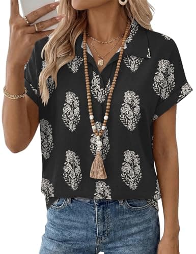 LOMON Summer Tops for Women 2026 Trendy Womens Plus Size Tops Work Blouse Summer Office Clothes Linen Shirts V Neck Blouses Black Floral XXL