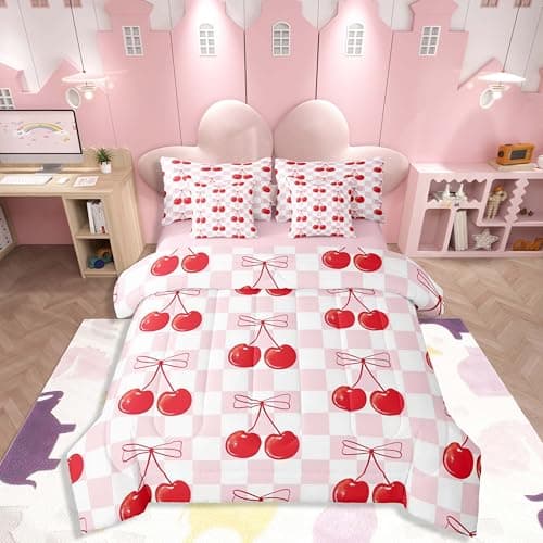 Feelyou Cherry Bow Comforter Set with Sheets Cute Bowknot Fruit Bed in a Bag for Kids Boys Girls Bedroom Bed Decor Summer Cherry 7 Piece Bedding Set Full Size Princess Bow Bed Set for All Season
