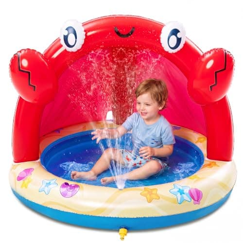 Sloosh Baby Pool Toddler Sprinkler, Crab Splash Pool with Canopy, Baby Wading Pool Inflatable Sprinkler for Learning, Children’s Water Pool Toys, Inflatable Kiddie Pool for Outdoor Summer Water