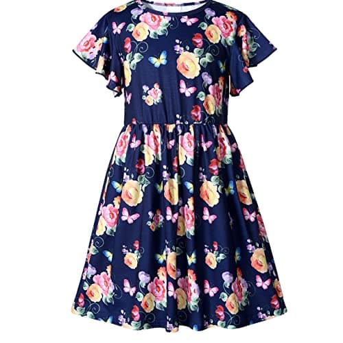 VASCHY Floral Girls Dress, Soft Twirly Stretchy Casual Daily Short Sleeve Ruffle Summer Dress for Toddler/Little/Big Kid Girls Clothing Outfit Size 5-6T Apricot Flower