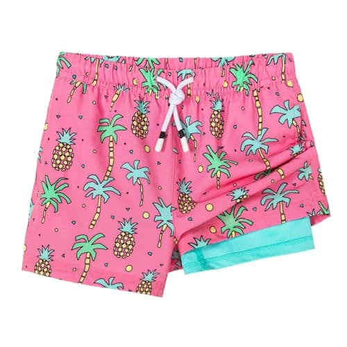 SURF CUZ Boys Swim Trunks with Compression Liner Toddler Swimsuit Boy Swim Shorts Bathing Suits Boxer Brief Swimming Trunks Pink Pineapple Coconut 7 Years