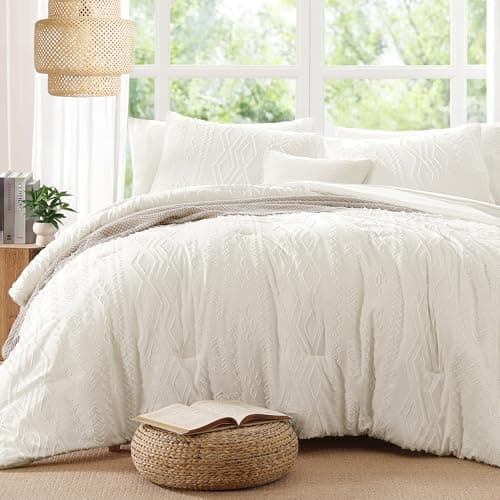 Queen Comforter Set White Tufted Boho Bedding Sets Farmhouse 7 Pieces