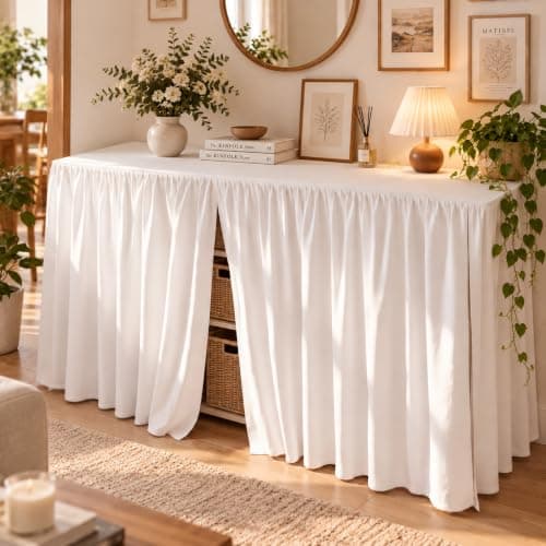 Breling 1 Pcs Ruffled Split Desk Skirt Cover 48" L x 24" W x 30" H, White