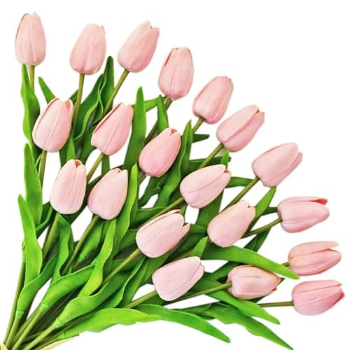 ONLY ART Artificial Light Pink Tulips 20 Pcs – 13.5 Inch PU Faux Flowers with Bendable Stems for Home Décor, Wedding Centerpieces, DIY Floral Arrangements, New Year and Valentine's Day