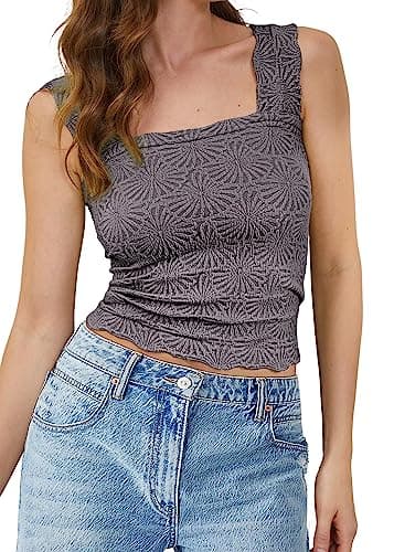 MISSACTIVER Women Square Neck Wide Straps Crop Tank Tops Casual Floral Sleeveless Lettuce Trim Slim Fit Crop Cami Vest Tops Black
