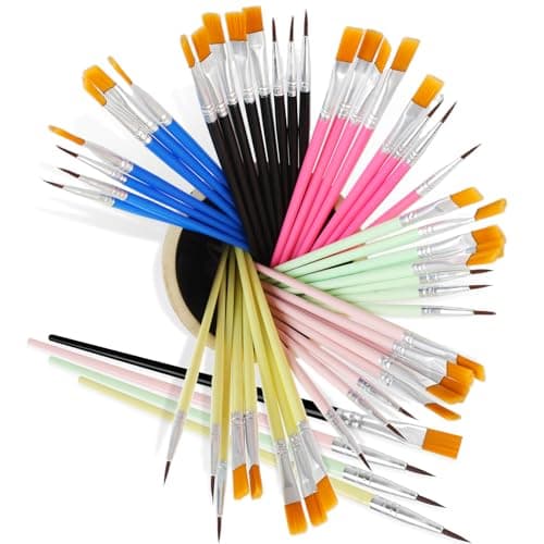 48 Pcs Acrylic Paint Brush Set, 6 Color Round-Pointed Tip and Flat Small Brush Bulk, Nylon Paint Brushes for DIY Classroom Acrylic Watercolor Canvas Face Painting Touch Up